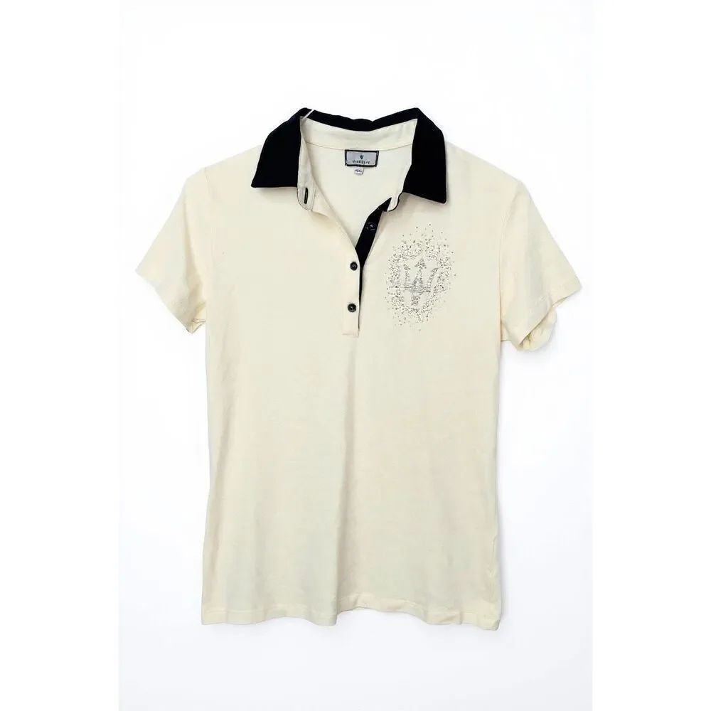 Maserati Women’s Rhinestone Logo Polo Shirt Size 2XL Cream Navy